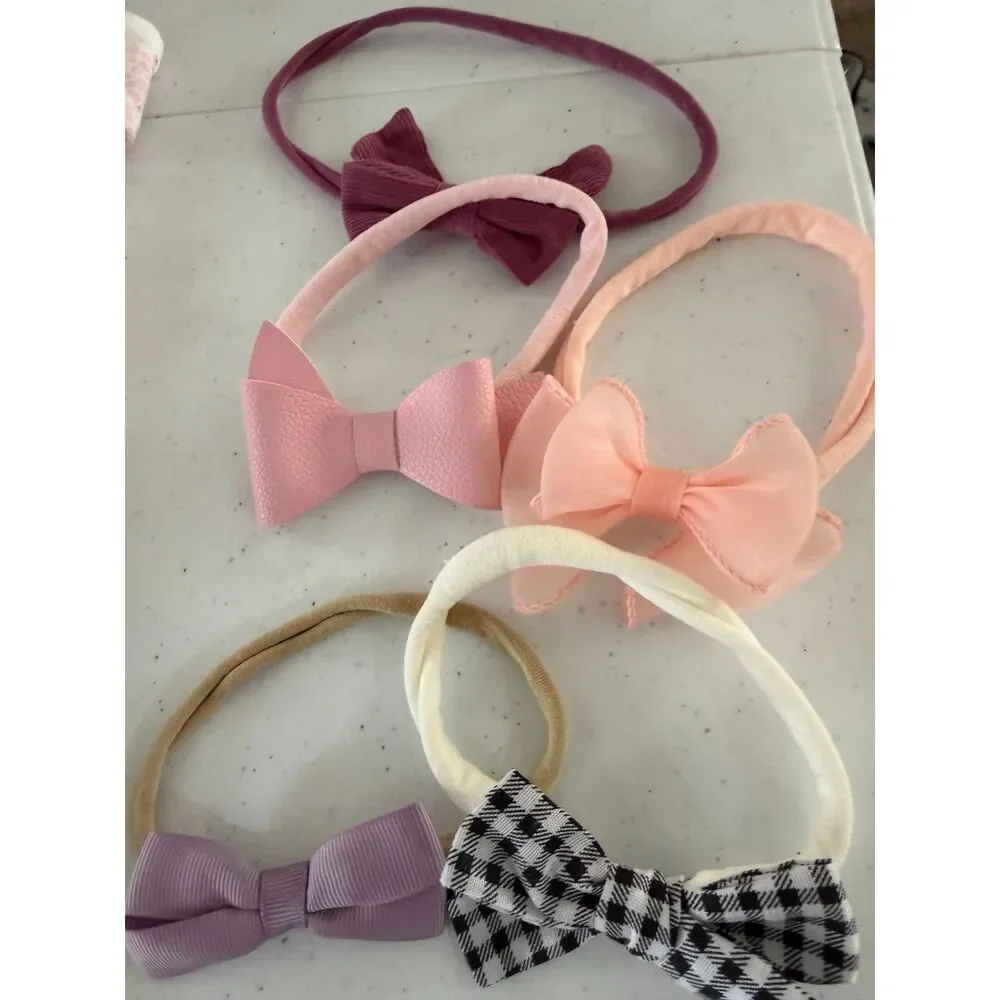 Baby Girl Bow Headbands lot of 5 pink/purple/ neutrals